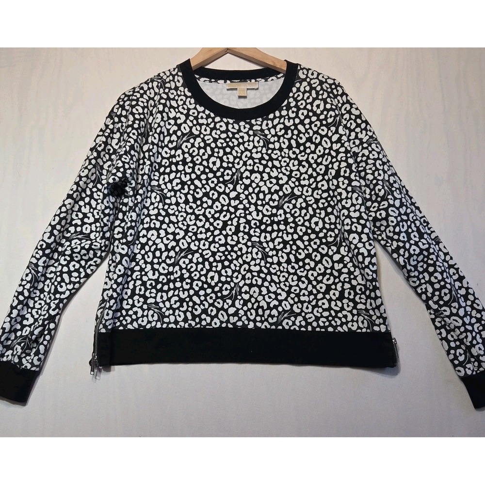 Michael Kors Womens Large Signature Leopard Print Sweatshirt Black White Side Zi